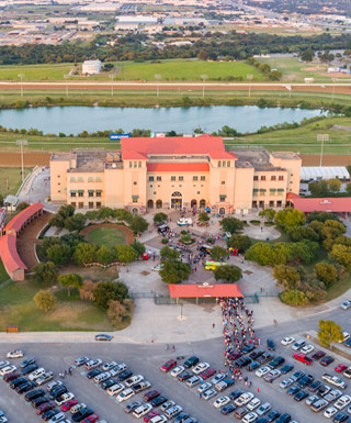 overhead shot of retama park with barn and track