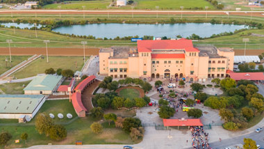 overhead shot of retama park with barn and track